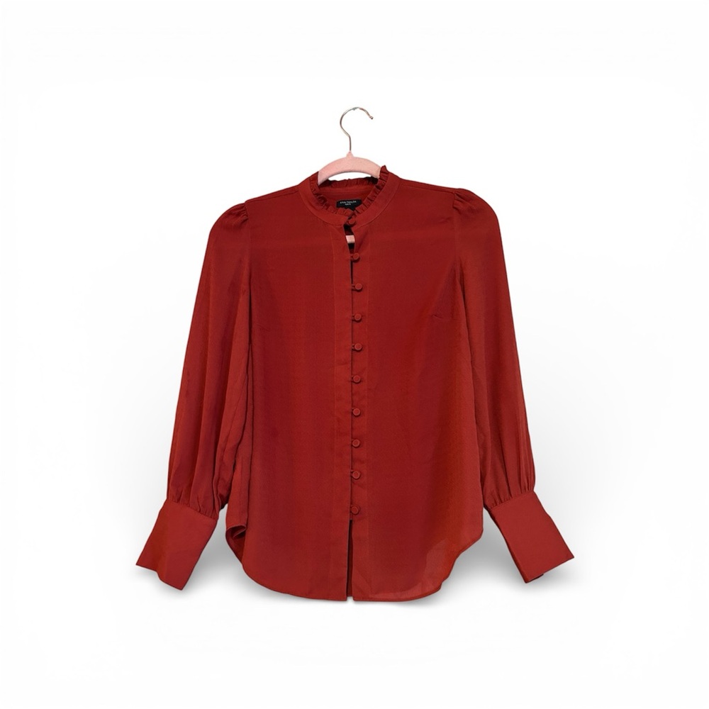 Ann Taylor Petite ruffled collar chiffon orange button top
